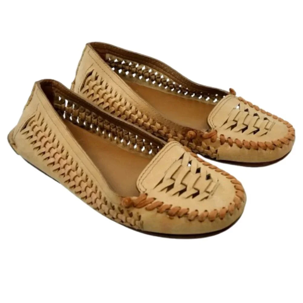 TORY BURCH~Woven Nadia~Driver Moccasin Tan Leather Loafer Womens Shoes Size 7